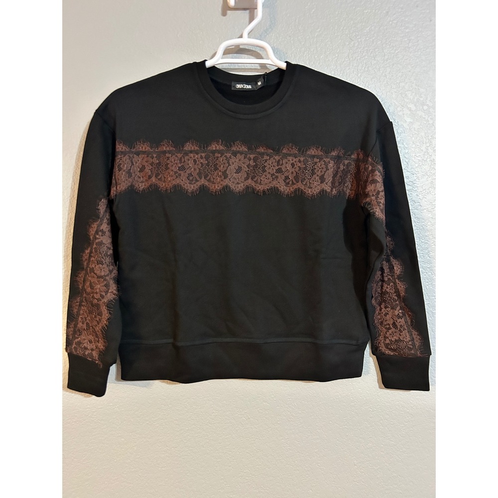 Modano Black Lace Trim Sweatshirt Womens Medium Brown Eyelash Lace RH-LC-11027